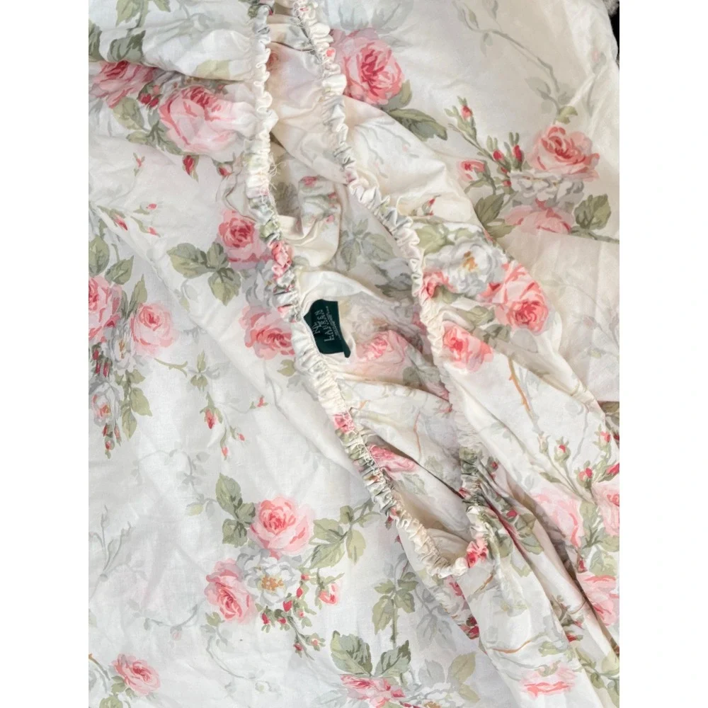 Ralph Lauren Faye Floral Twin Fitted Sheet Pink Roses Cream Cotton Made in USA